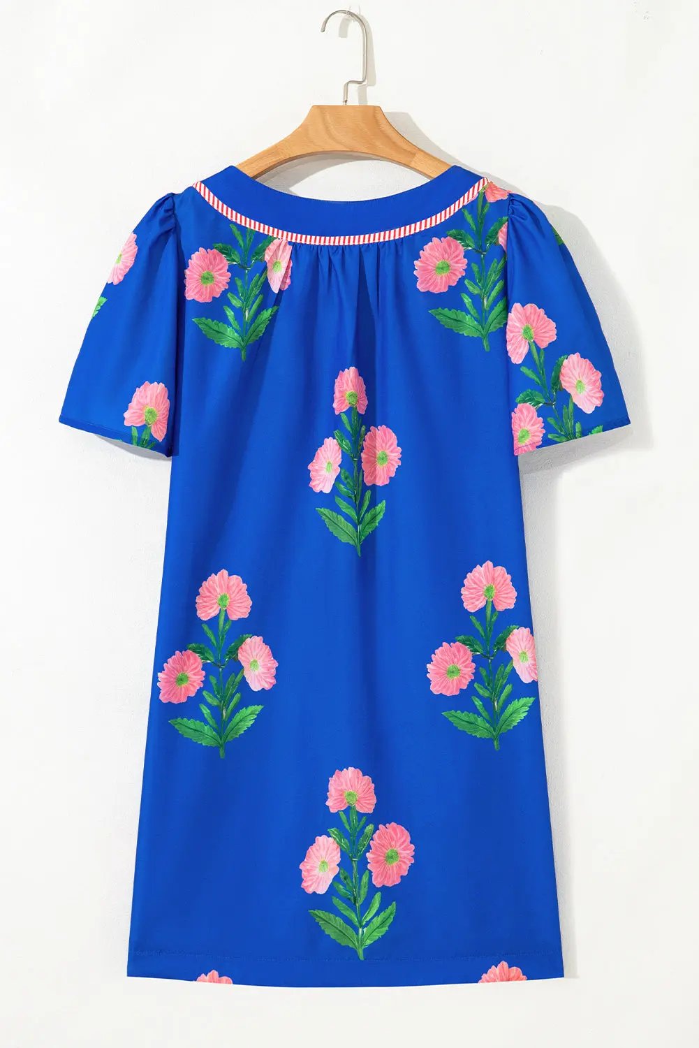 Blue Floral Short Sleeve Split Neck Loose Mini Dress - Love Salve